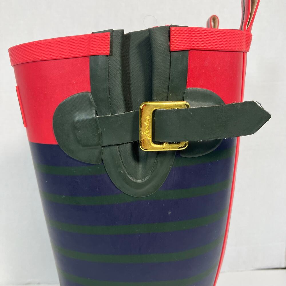 Joules Sz 7 Tall Welly Print Rain Boots Navy & Green Stripe Gold Buckle - Picture 2 of 16